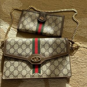 Authentic Vintage Gucci GG Canvas Web Stripe Chain Bag + Matching Wallet Set